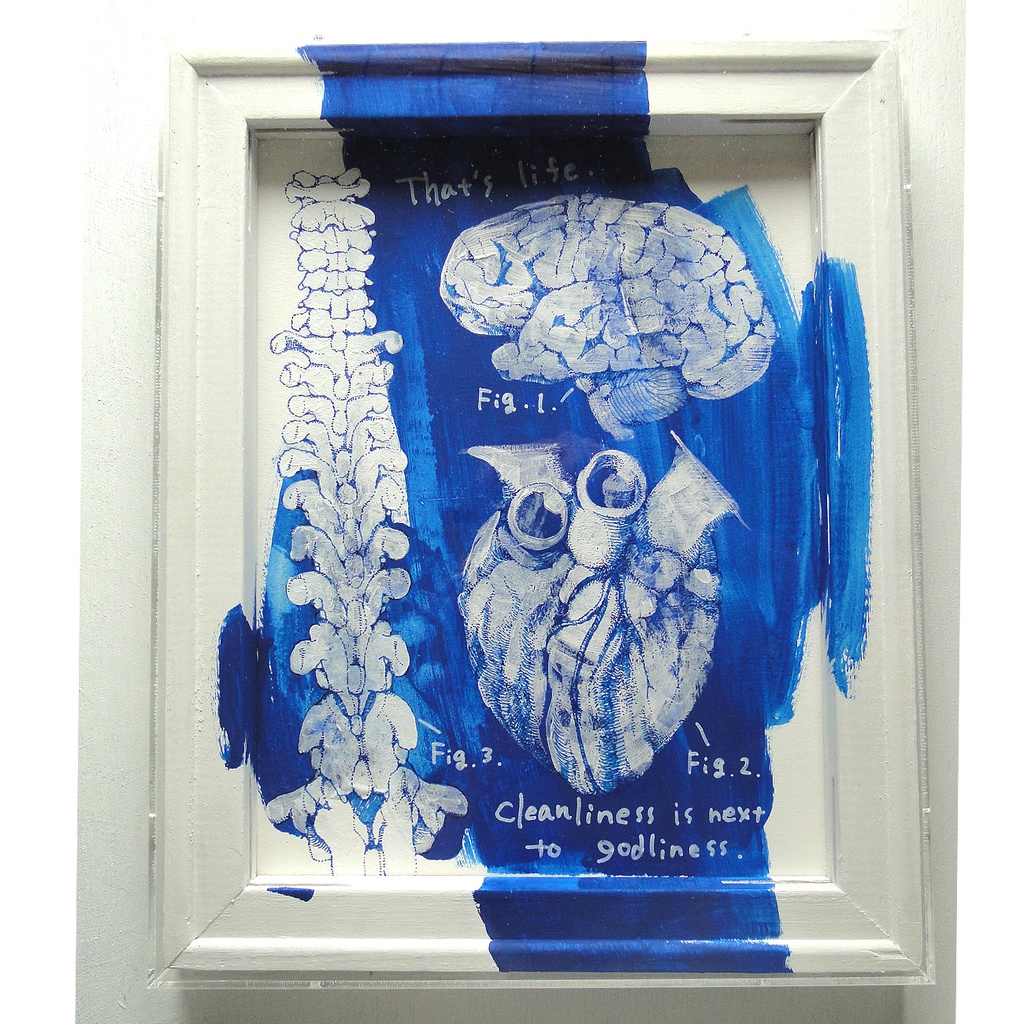 脳・心臓・脊髄の青い絵画 アート 原画 アクリルフレーム 理科 科学 ペン画 