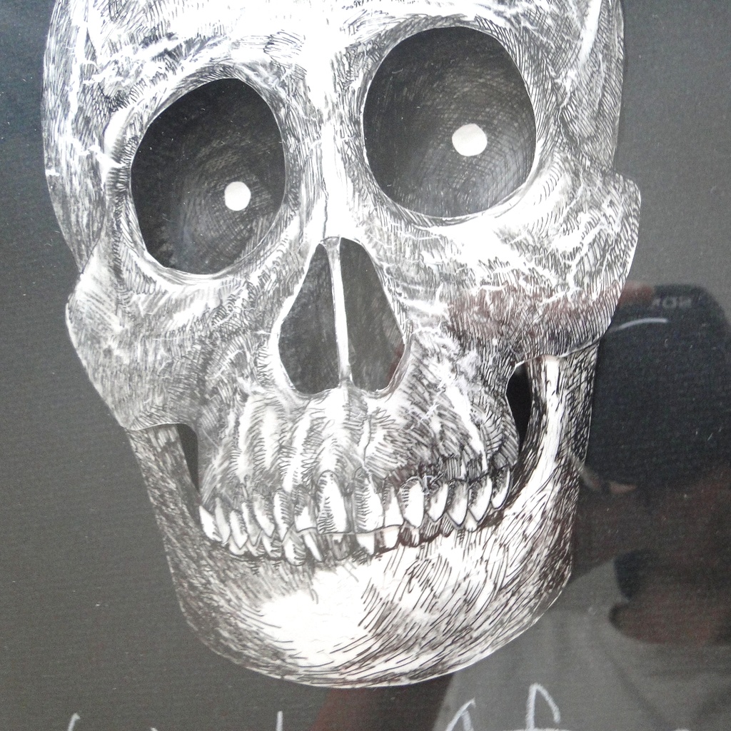 奥行きのある頭蓋骨の絵画 アート 原画 アクリルフレーム モノクロ ペン画