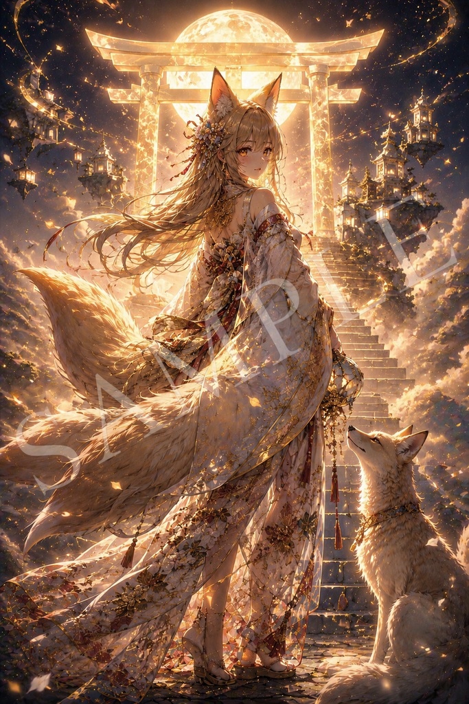月華ノ狐巫女 ― 白狐と鳥居の幻想和風アート
