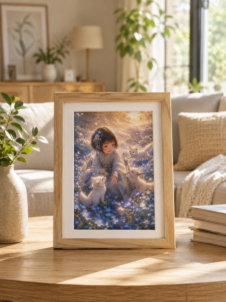 蒼花と白狐の幻想アート|癒しと幸運を呼ぶ和風ファンタジーイラスト