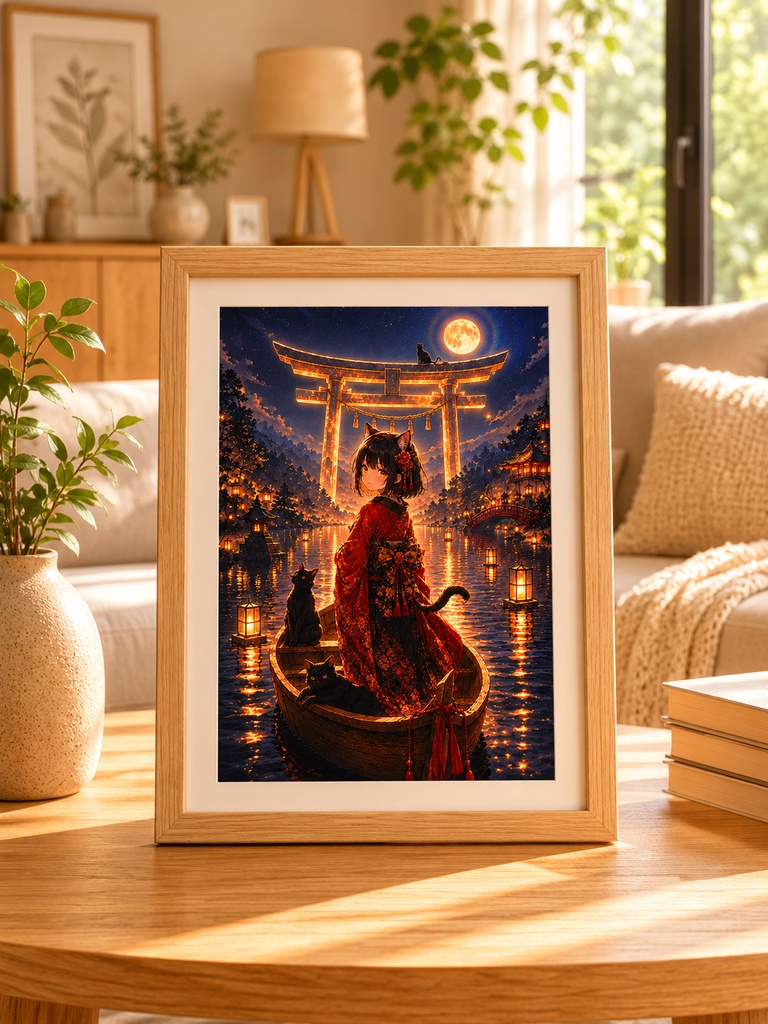 月夜の猫神社アート|黒猫と灯籠の幻想和風イラスト