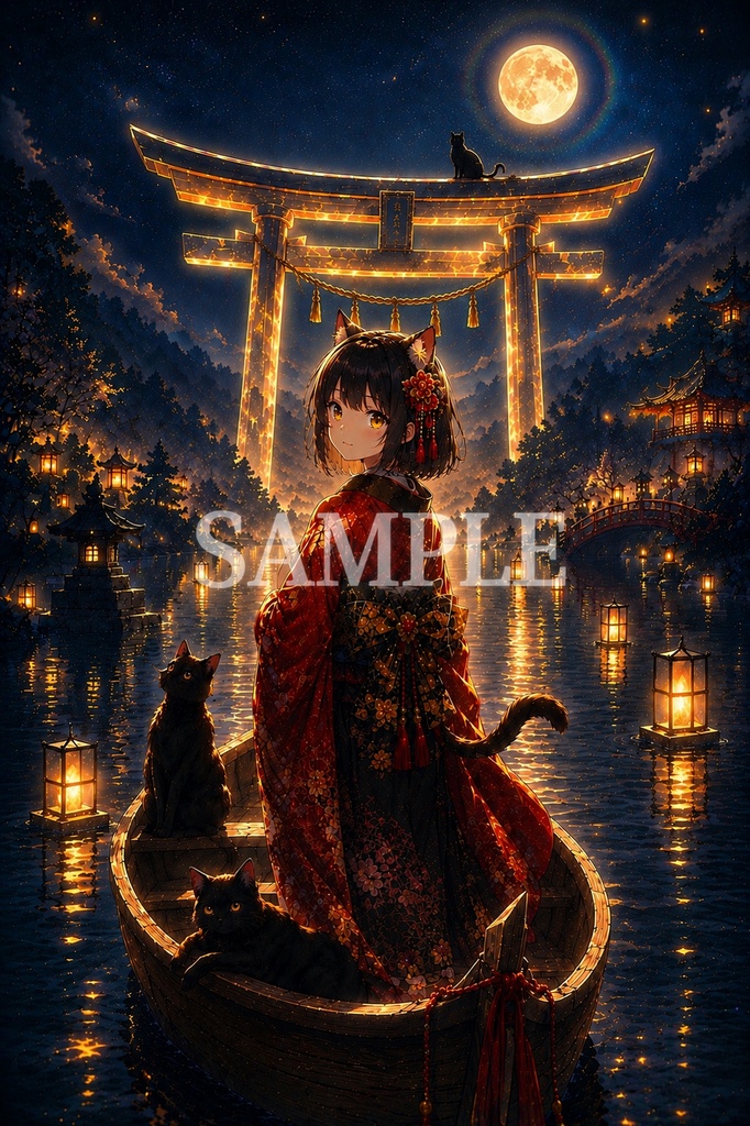 月夜の猫神社アート｜黒猫と灯籠の幻想和風イラスト