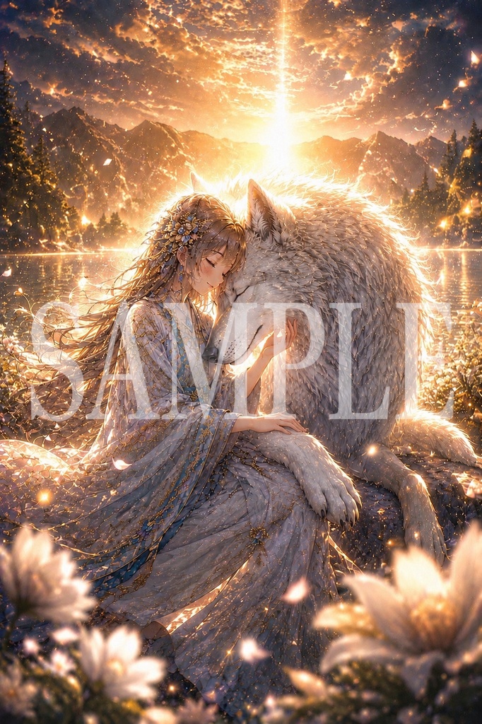 白狼と光の契約アート｜幻想的な守護と癒しの和風イラスト