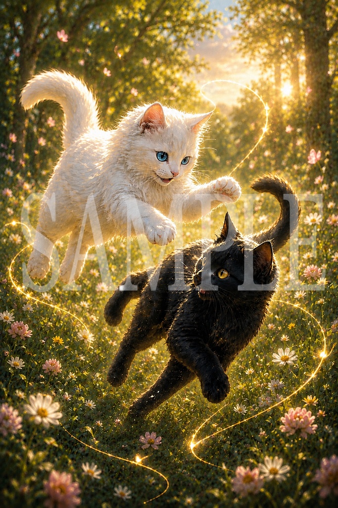 白猫と黒猫の光遊びアート｜幸運と癒しの幻想デジタルイラスト