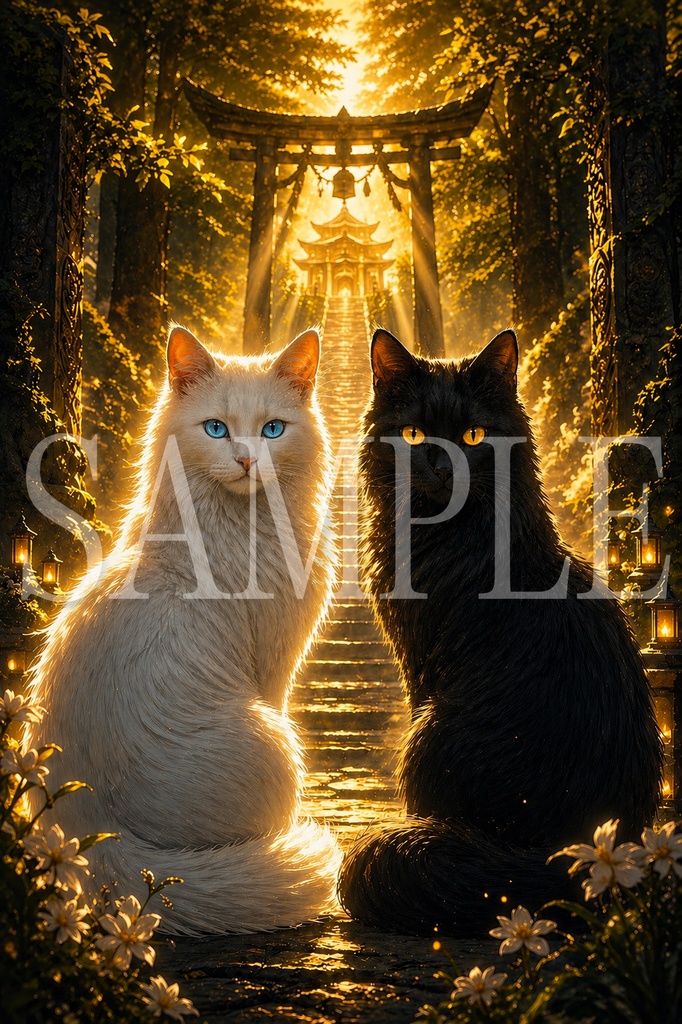白猫と黒猫の神域アート｜光に導かれる幻想和風デジタルイラスト