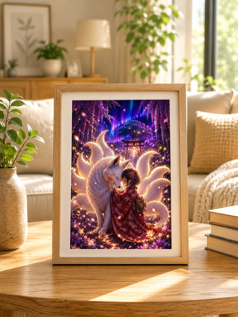 九尾の白狐と神桜の幻想アート|守護と祝福の和風デジタルイラスト