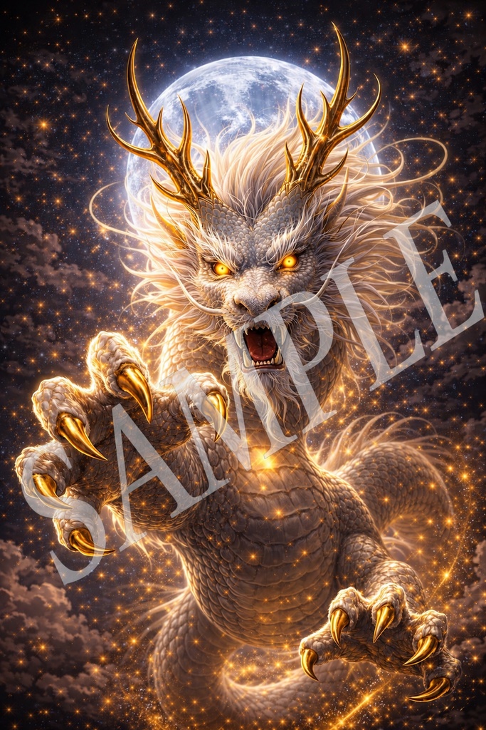 月光を纏う白龍神｜黄金の爪と神秘の幻想ドラゴンアート