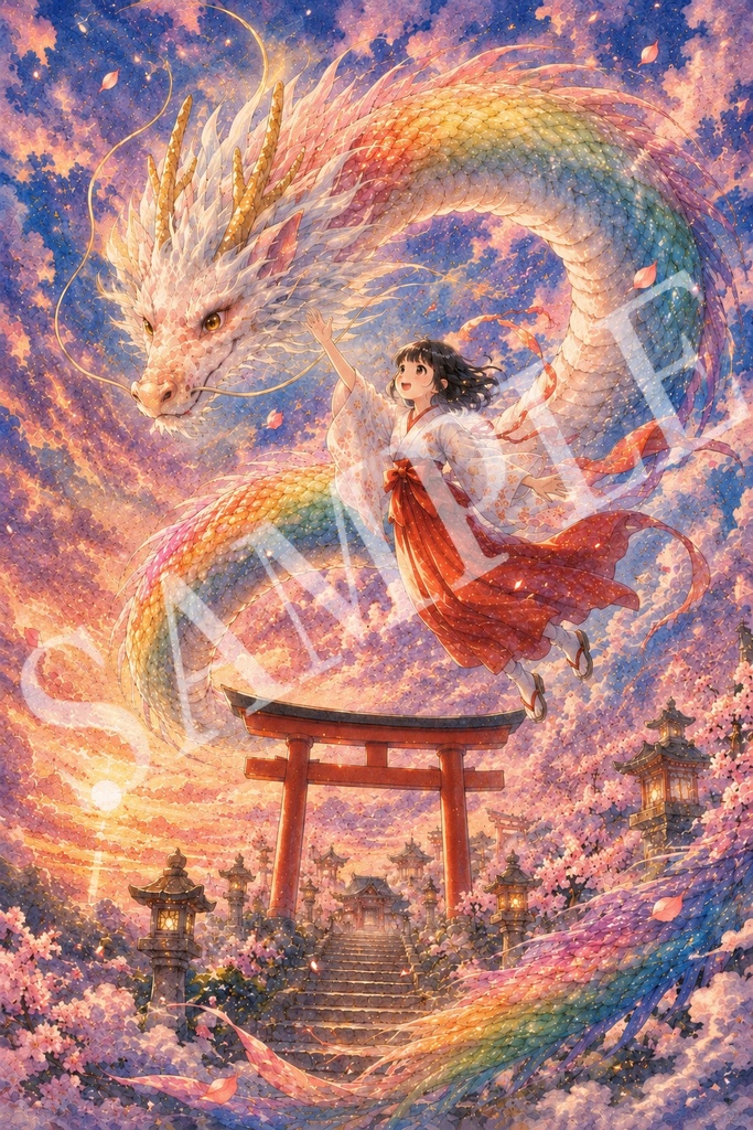 桜舞う虹龍神と巫女の祈り｜和風幻想スピリチュアルアート