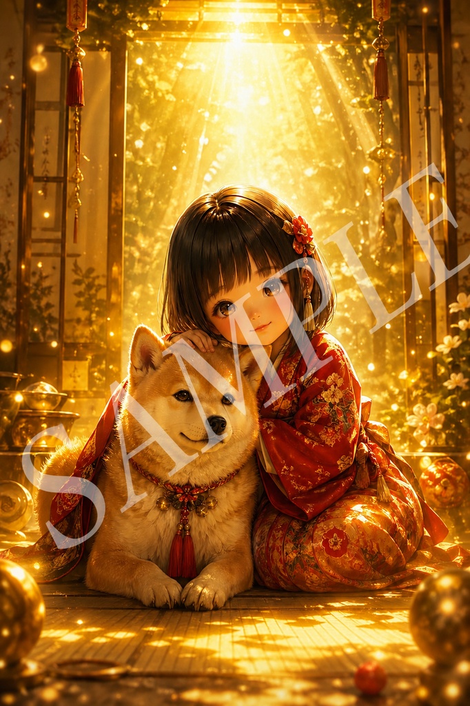 金運を招く巫女と柴犬｜黄金の光に包まれた和風癒しアート