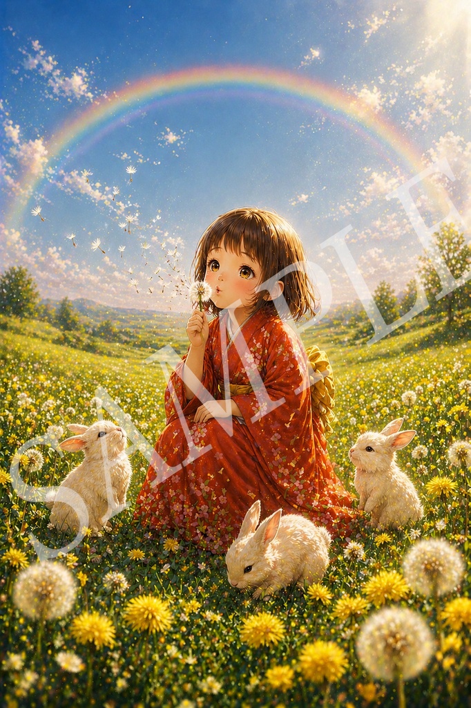 虹とたんぽぽの願い｜うさぎ達に囲まれた癒しの和風幻想アート