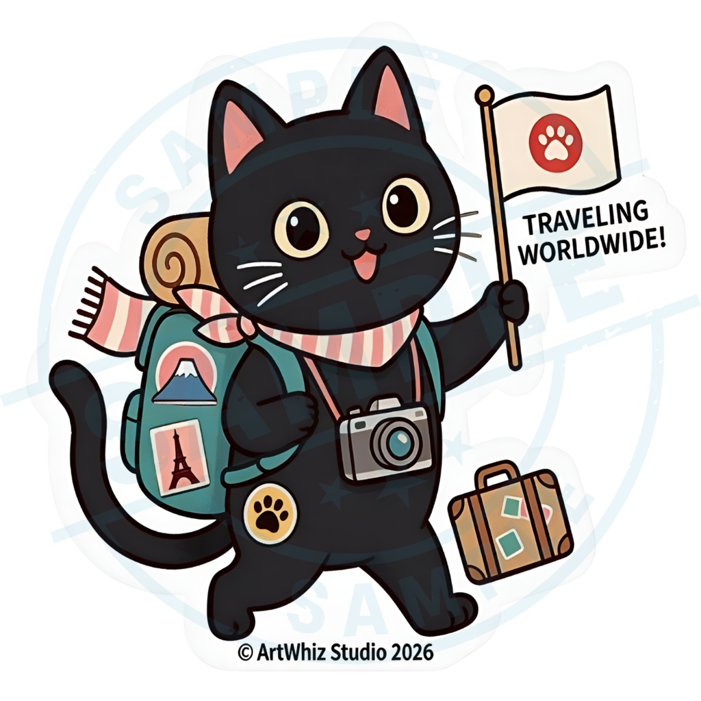 【黒猫シリーズ】世界旅行! 黒猫ステッカー(TRAVELING WORLDWIDE)