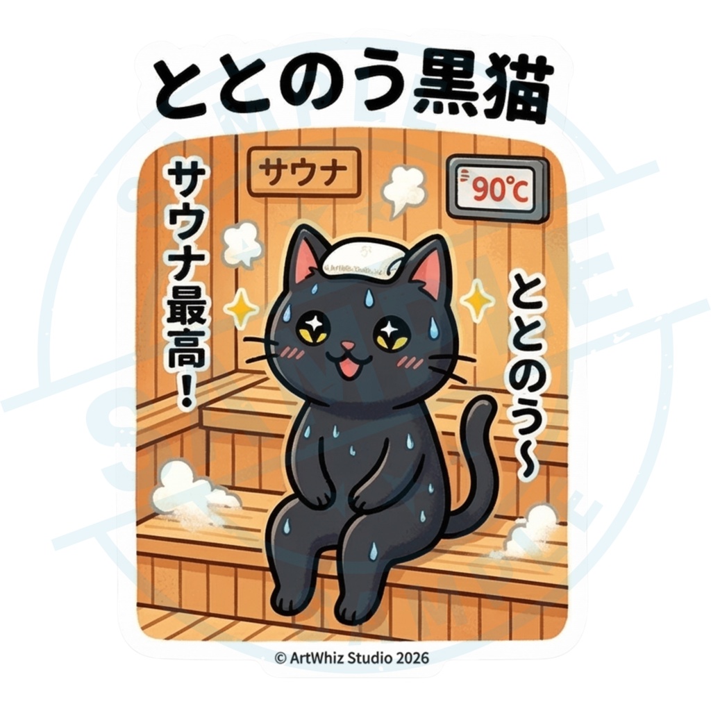 【黒猫シリーズ】ととのう黒猫！ サウナ満喫ステッカー