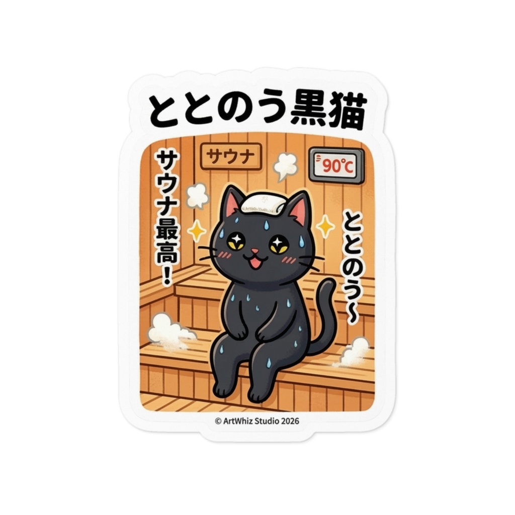 【黒猫シリーズ】ととのう黒猫! サウナ満喫ステッカー