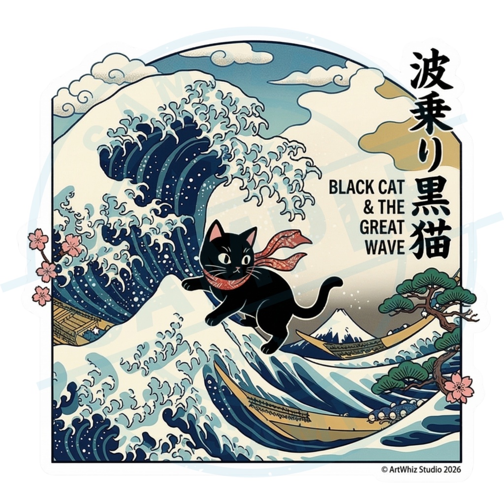 【黒猫シリーズ】波乗り黒猫! 浮世絵アートステッカー