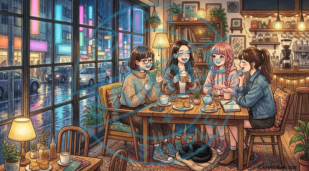 【商用利用可】雨の日のカフェテラス(Cozy Rainy Cafe) 高画質デジタル壁紙・背景素材セット(2K/4K)