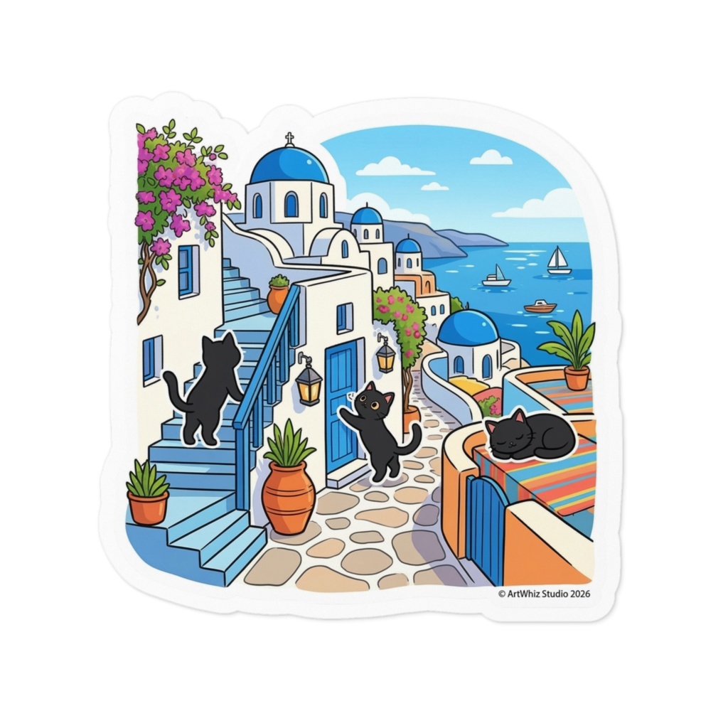 【黒猫シリーズ】サントリーニ島の休日! 絶景と黒猫ステッカー(全2種)