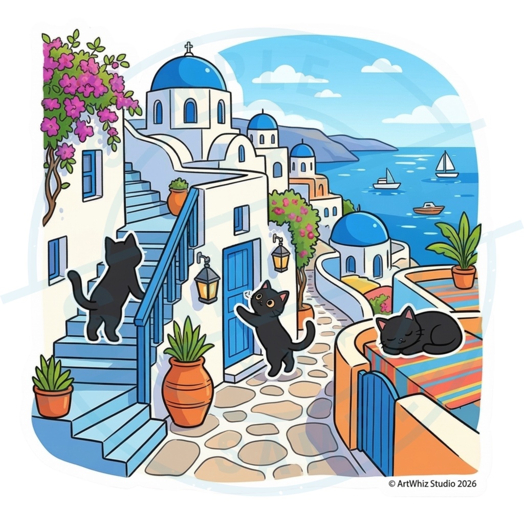 【黒猫シリーズ】サントリーニ島の休日! 絶景と黒猫ステッカー(全2種)
