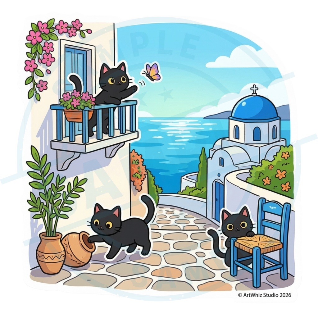 【黒猫シリーズ】サントリーニ島の休日! 絶景と黒猫ステッカー(全2種)