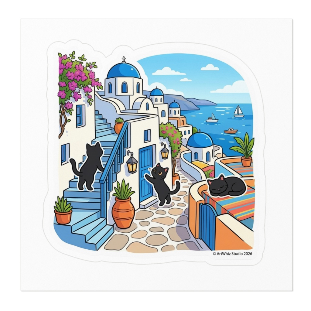 【黒猫シリーズ】サントリーニ島の休日! 絶景と黒猫ステッカー(全2種)