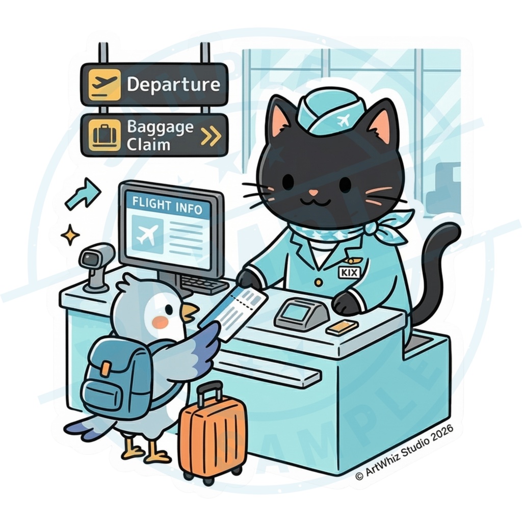 【黒猫シリーズ】空の旅へ出発！ グランドスタッフ黒猫ステッカー
