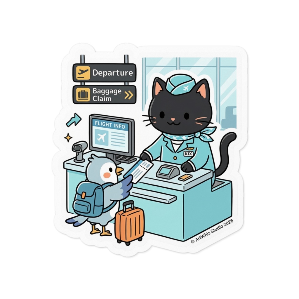 【黒猫シリーズ】空の旅へ出発! グランドスタッフ黒猫ステッカー