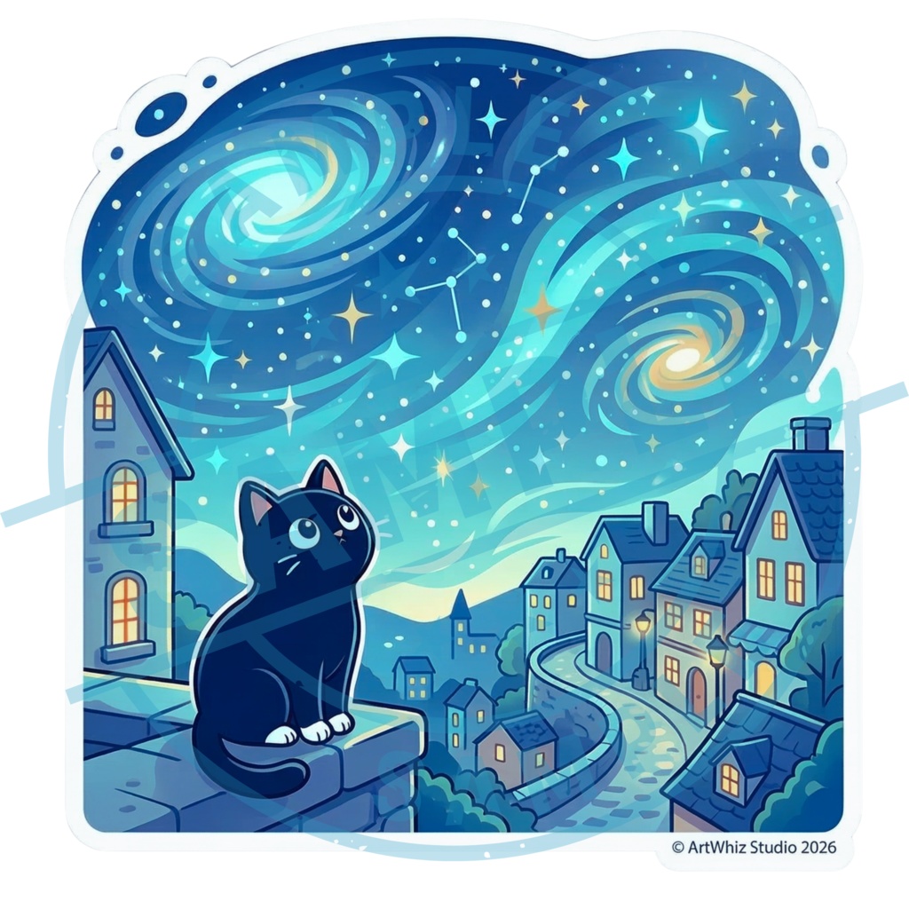 【黒猫シリーズ】星降る夜の黒猫! 名画オマージュアートステッカー