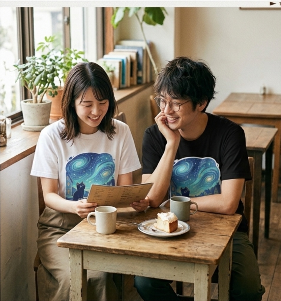 【黒猫シリーズ】星降る夜の黒猫! 名画オマージュTシャツ(全4色)