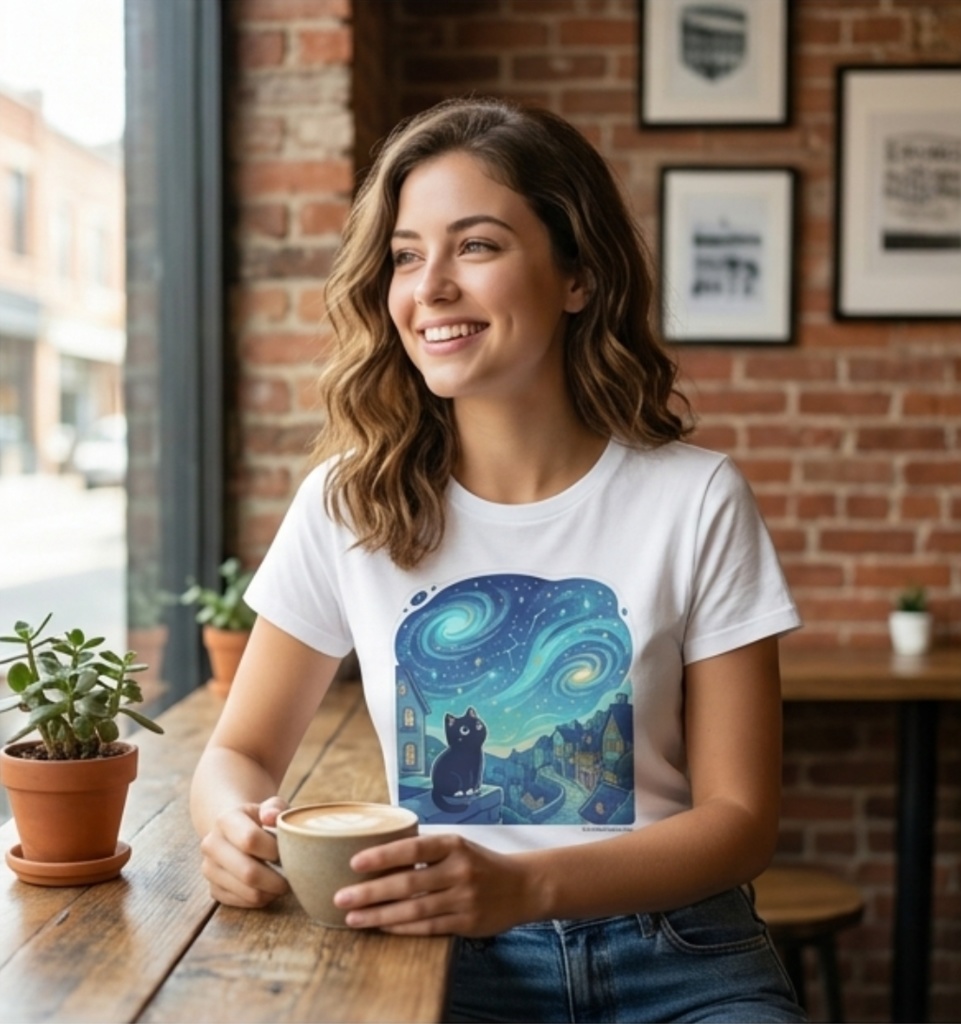 【黒猫シリーズ】星降る夜の黒猫! 名画オマージュTシャツ(全4色)