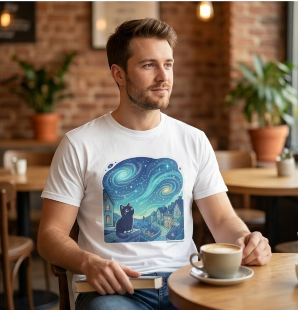 【黒猫シリーズ】星降る夜の黒猫! 名画オマージュTシャツ(全4色)