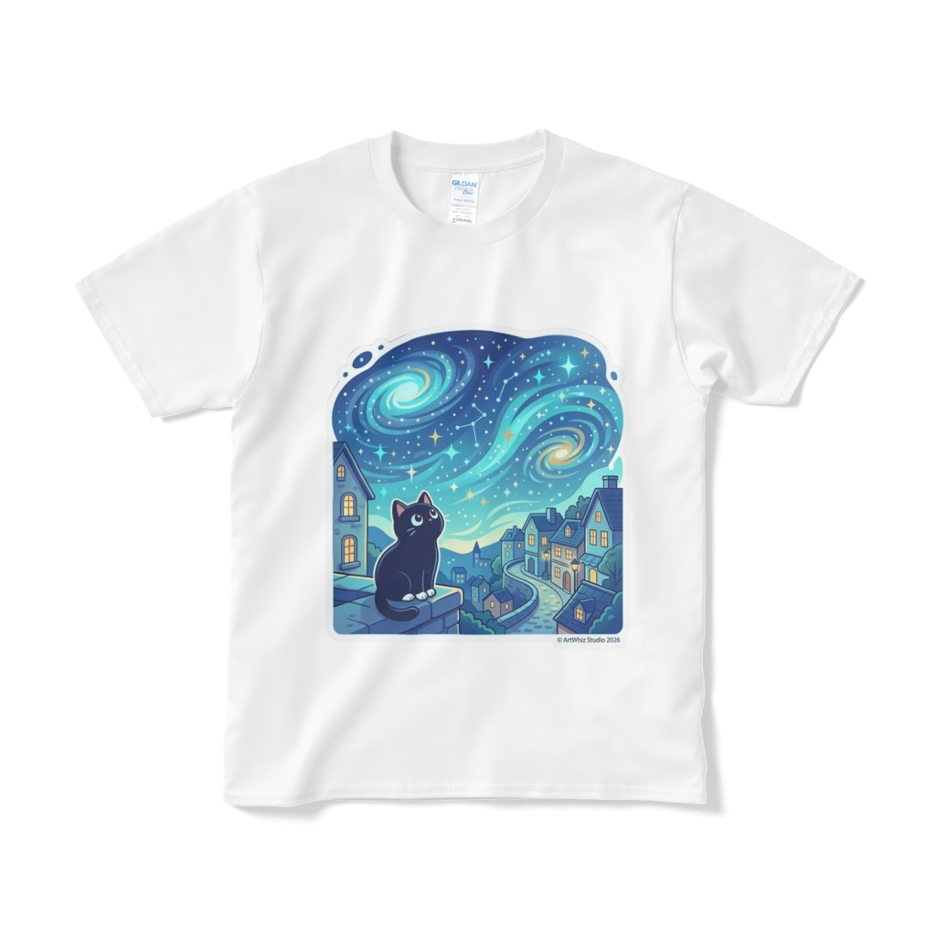 【黒猫シリーズ】星降る夜の黒猫! 名画オマージュTシャツ(全4色)