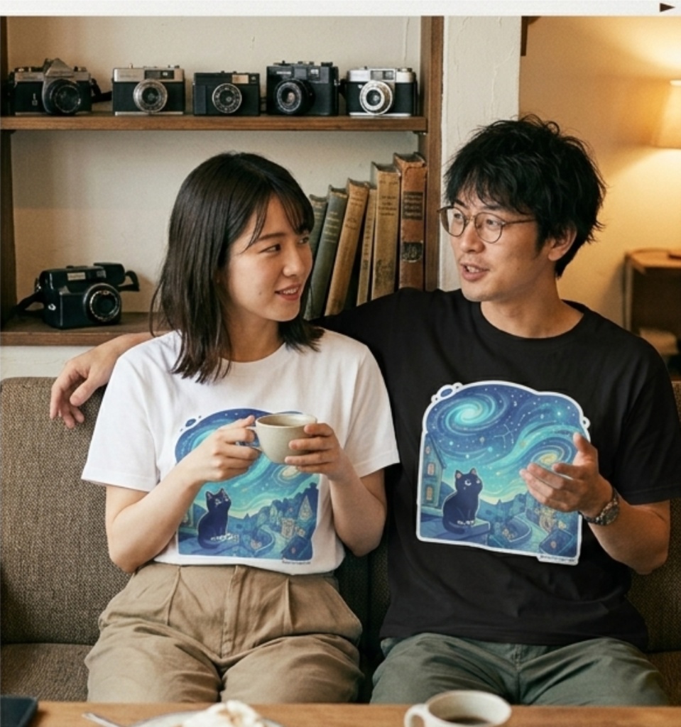 【黒猫シリーズ】星降る夜の黒猫! 名画オマージュTシャツ(全4色)