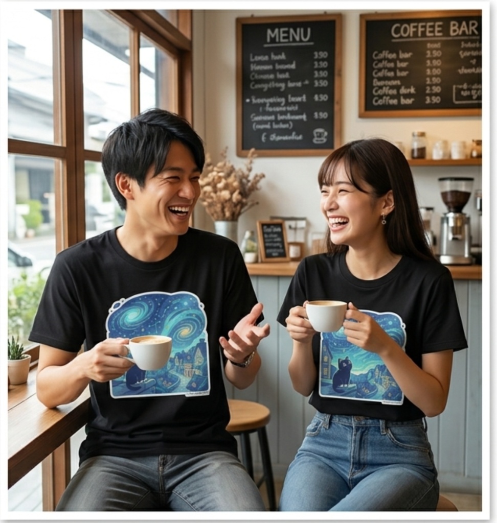 【黒猫シリーズ】星降る夜の黒猫! 名画オマージュTシャツ(全4色)