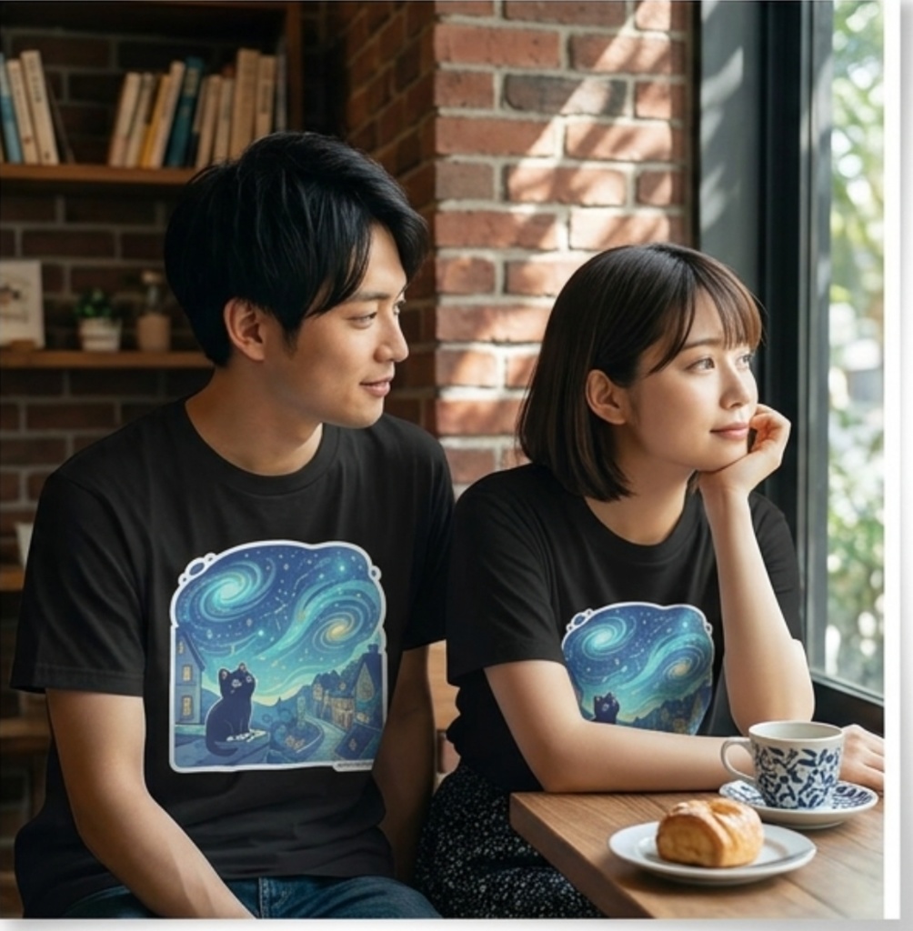 【黒猫シリーズ】星降る夜の黒猫! 名画オマージュTシャツ(全4色)