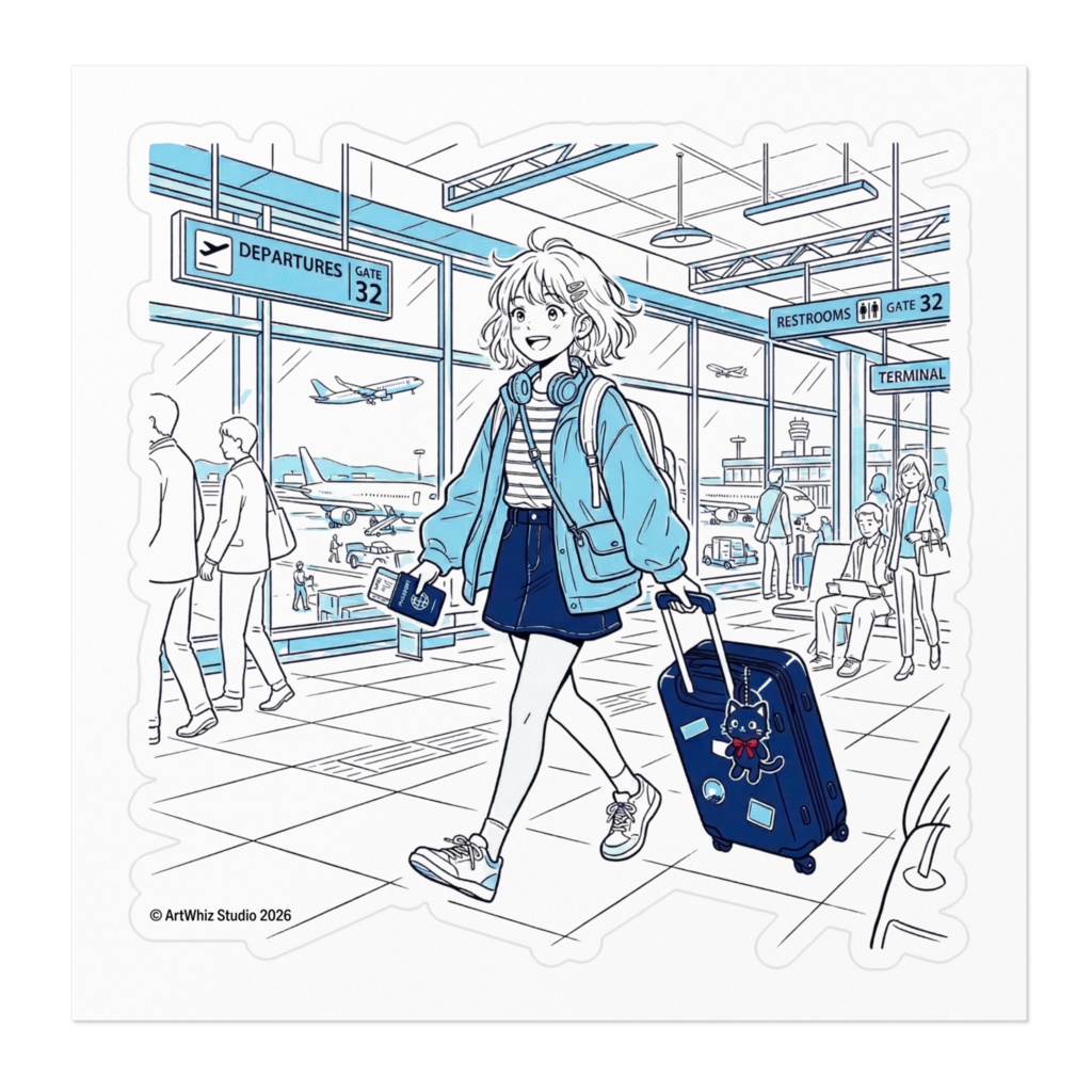 【黒猫シリーズ】Traveler's Blue! 旅する女の子と黒猫ステッカー(全3種)