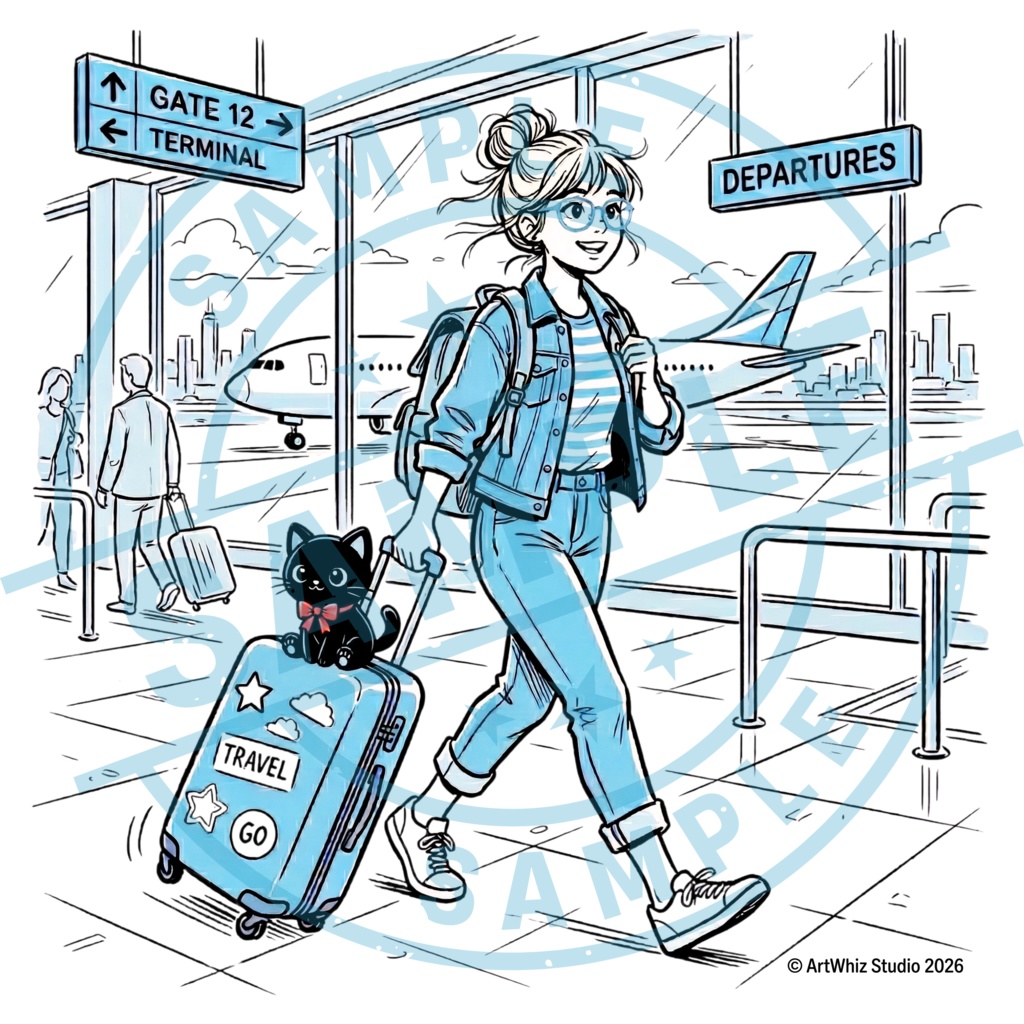 【黒猫シリーズ】Traveler's Blue! 旅する女の子と黒猫ステッカー(全3種)