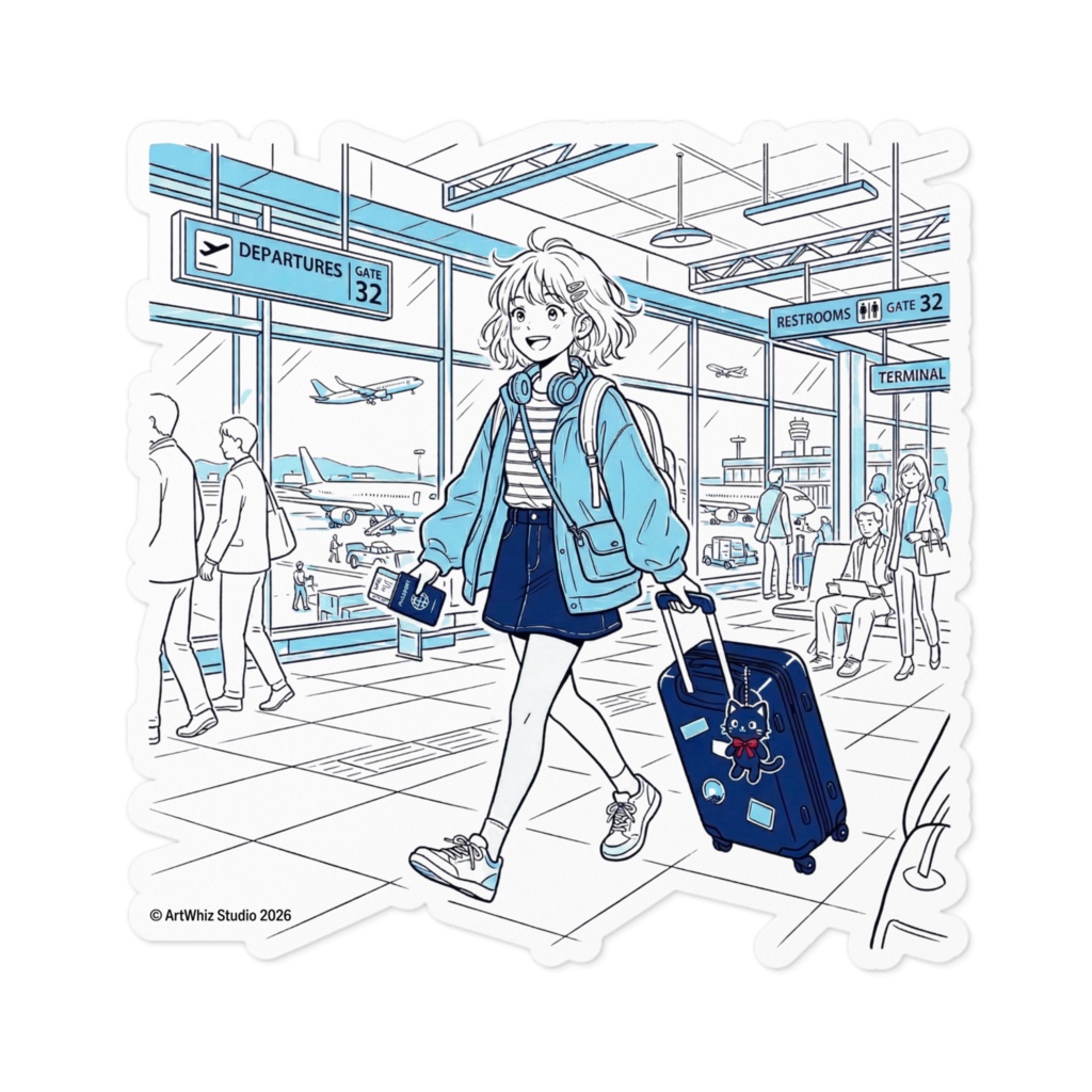 【黒猫シリーズ】Traveler's Blue! 旅する女の子と黒猫ステッカー(全3種)