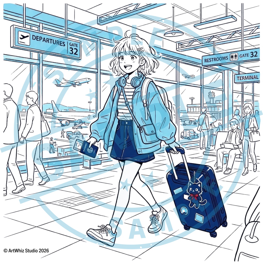 【黒猫シリーズ】Traveler's Blue! 旅する女の子と黒猫ステッカー(全3種)