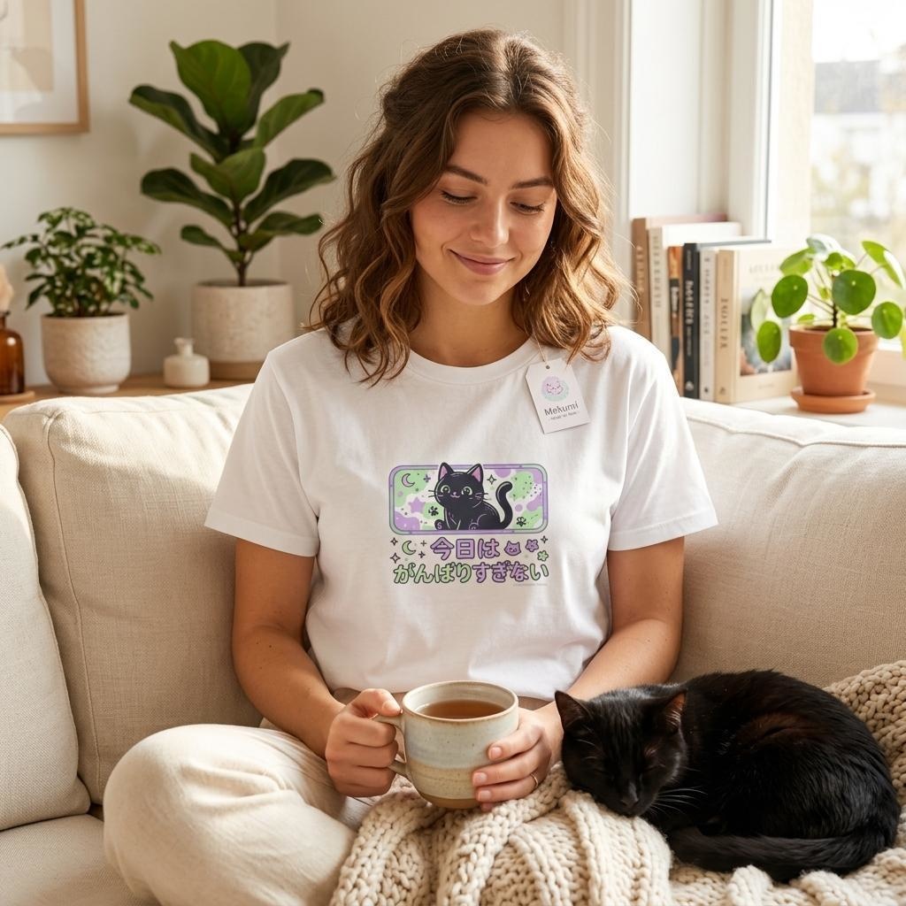 【黒猫シリーズ】今日はがんばりすぎない。癒やしのメッセージTシャツ