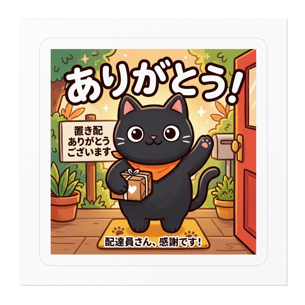 【黒猫シリーズ】配達員さん感謝!手を振るお出迎え黒猫ステッカー