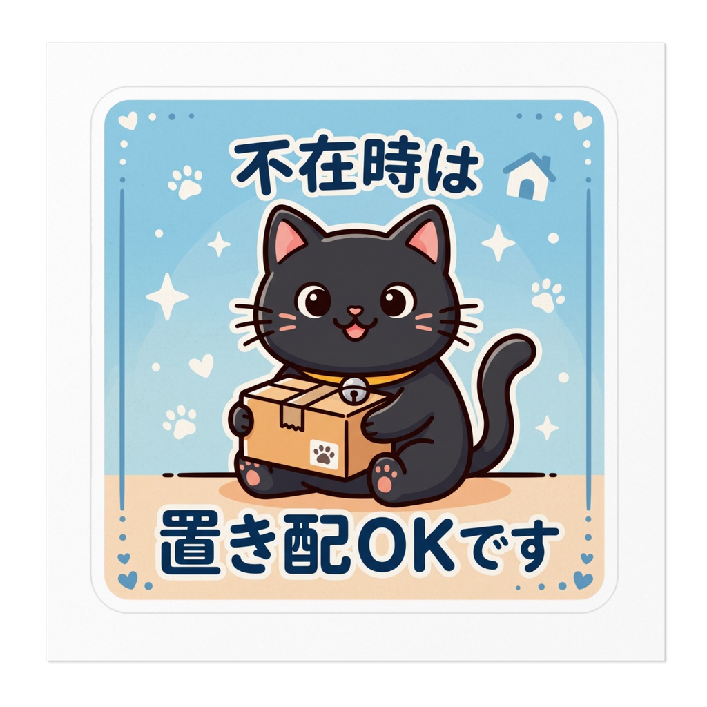 【黒猫シリーズ】不在時は置き配OK!肉球マークと爽やか水色の黒猫ステッカー