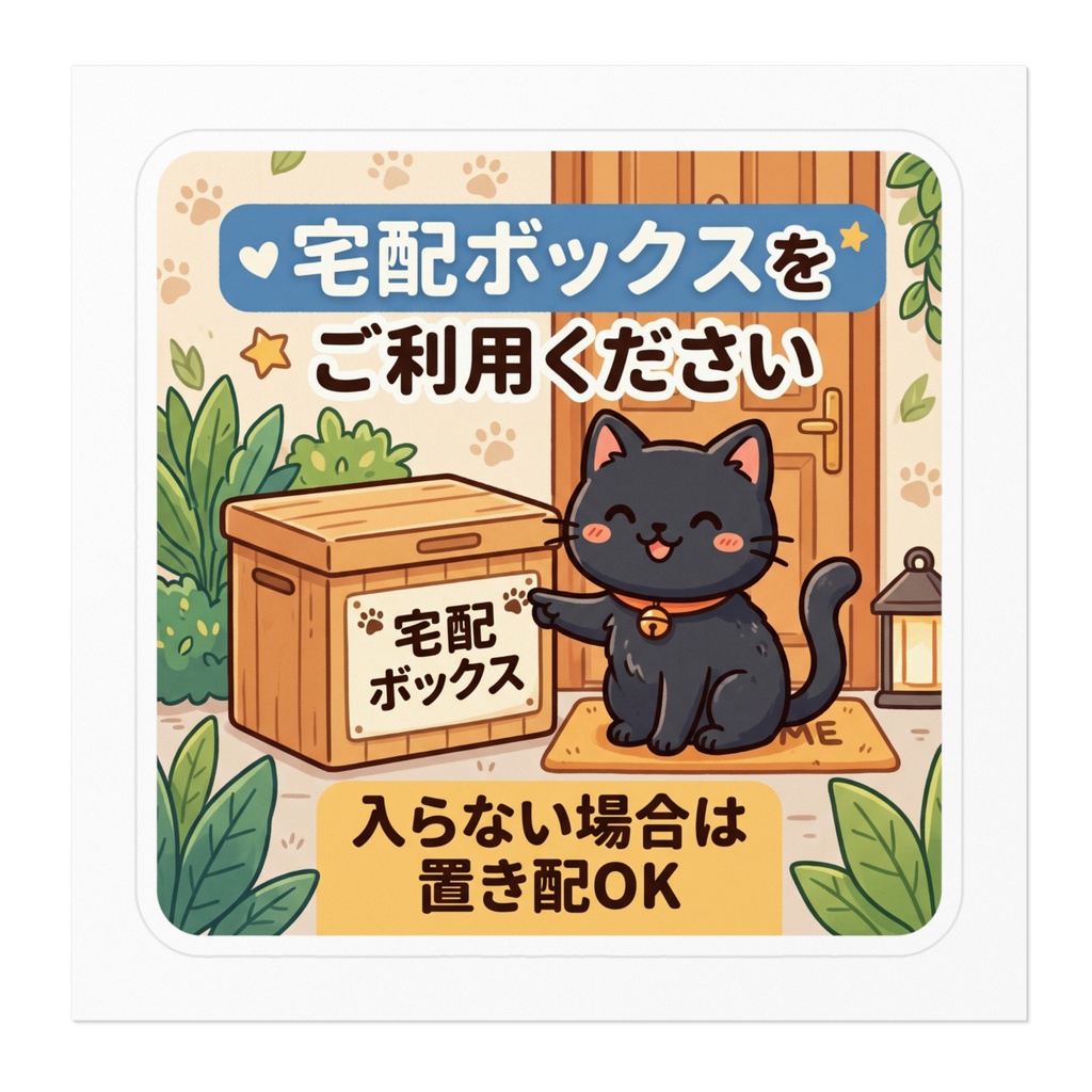 【黒猫シリーズ】宅配ボックスをご利用ください!ボタニカル風木製ボックスと黒猫のステッカー