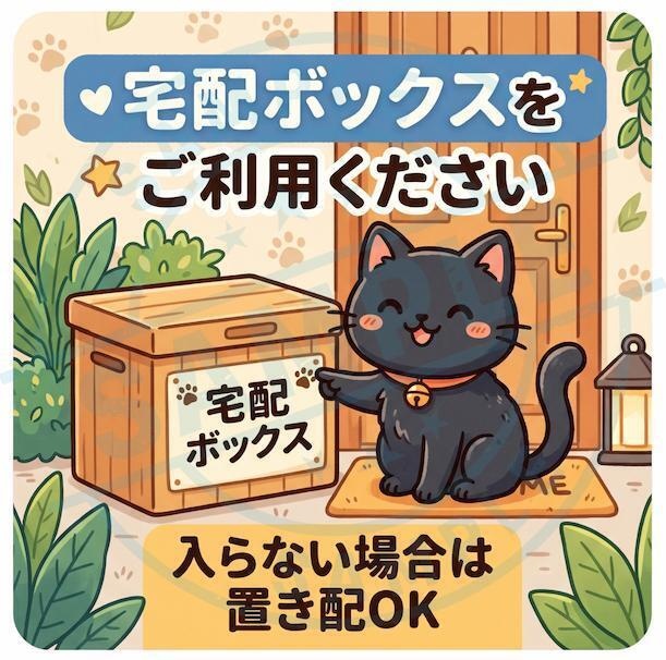 【黒猫シリーズ】宅配ボックスをご利用ください！ボタニカル風木製ボックスと黒猫のステッカー