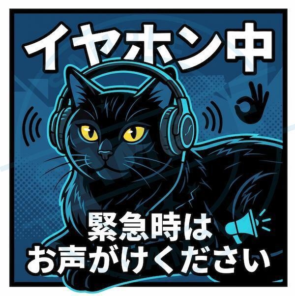 【黒猫シリーズ】イヤホン中。緊急時はお声がけください！シックなダークブルーの黒猫ステッカー