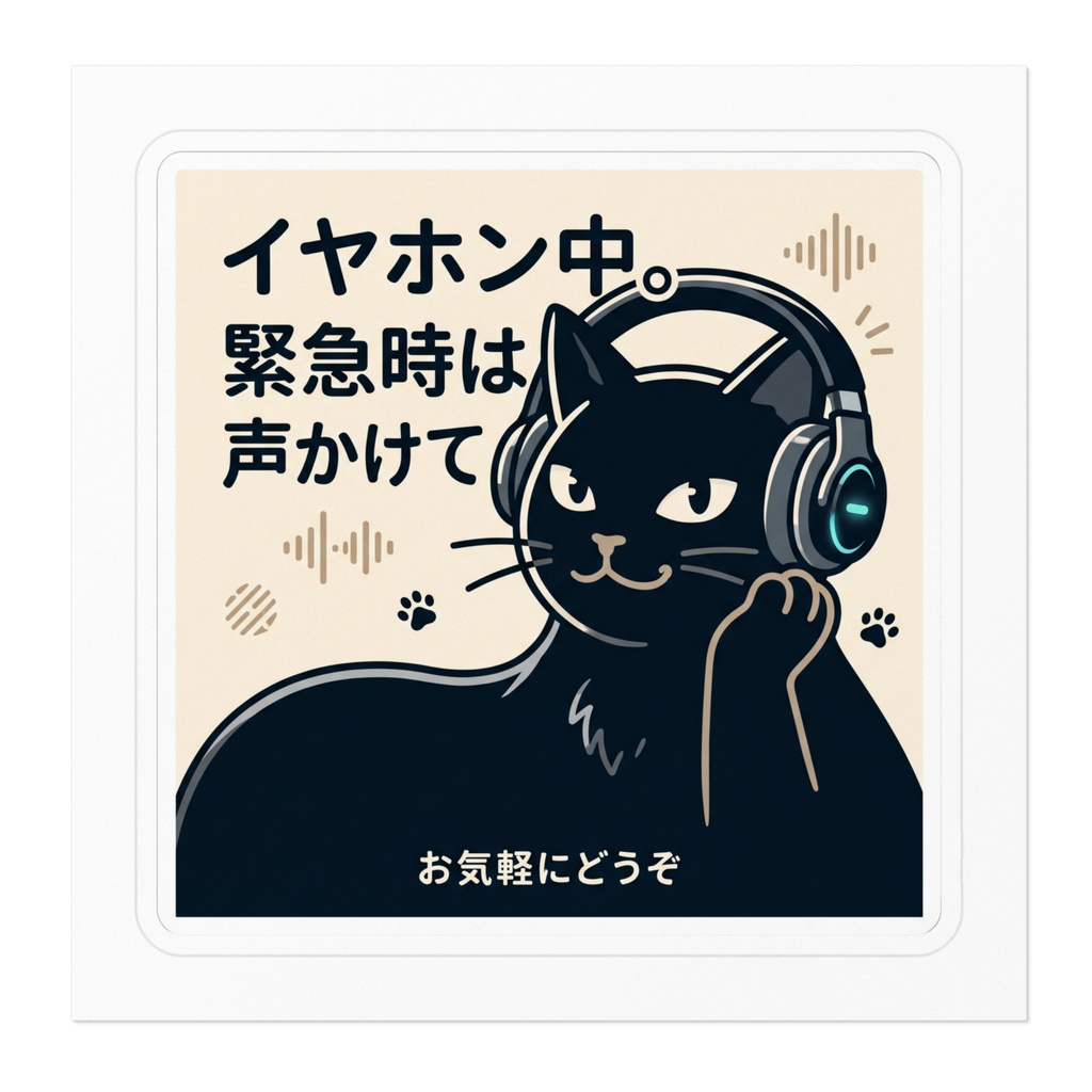 【黒猫シリーズ】イヤホン中。緊急時は声かけて!クリーム色のミニマル黒猫ステッカー