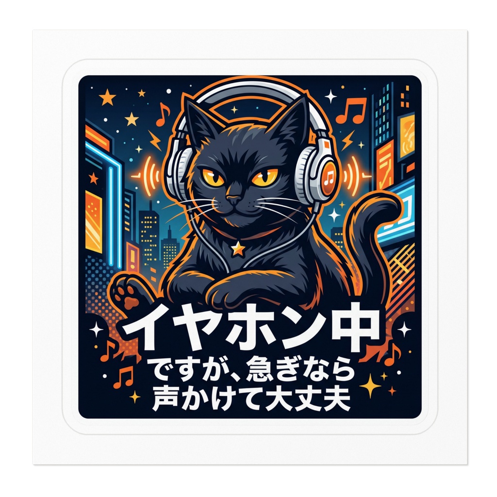 【黒猫シリーズ】イヤホン中!急ぎなら声かけて大丈夫!サイバーネオン黒猫ステッカー