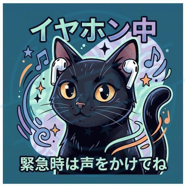 【黒猫シリーズ】イヤホン中！緊急時は声をかけてね！ワイヤレスイヤホン黒猫ステッカー