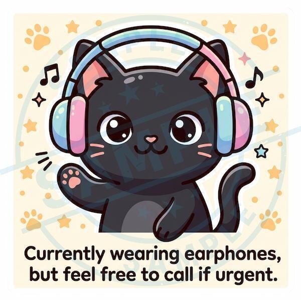 【黒猫シリーズ】Currently wearing earphones! 英文メッセージのパステル黒猫ステッカー