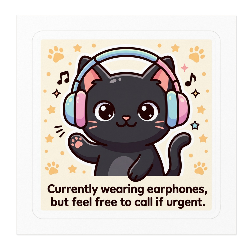 【黒猫シリーズ】Currently wearing earphones! 英文メッセージのパステル黒猫ステッカー