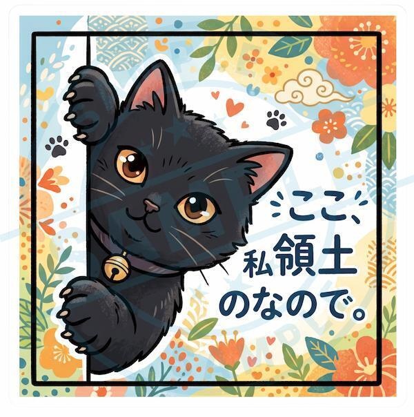 【黒猫シリーズ】ここ、私 領土 なので。和風花柄フレームの黒猫ステッカー