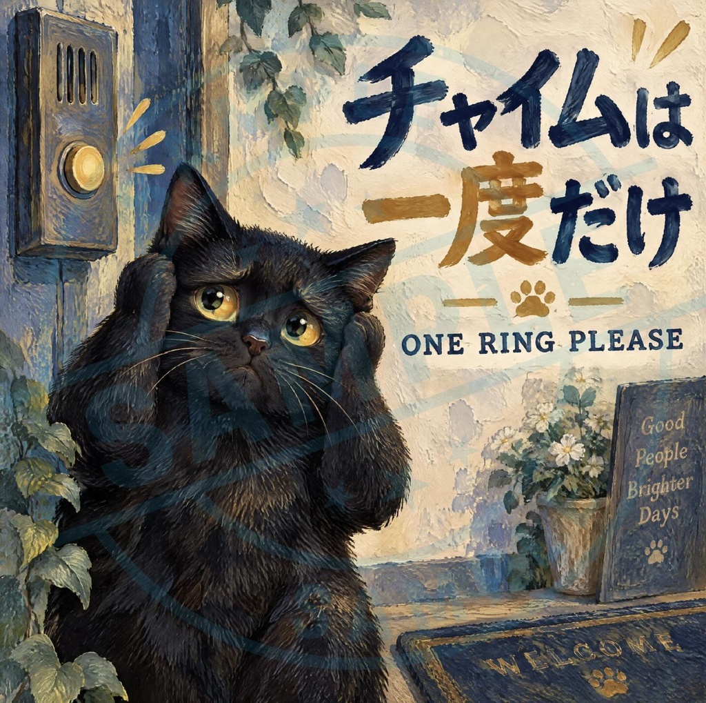【黒猫 SIGNATURE】チャイムは一度だけ（ONE RING PLEASE） インターホン・玄関用ステッカー